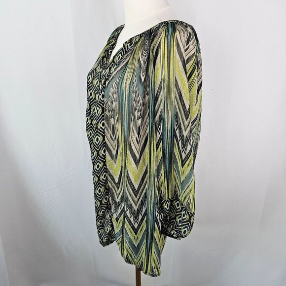 Figueroa & Flower 3X Sheer Green Boho Tunic Blouse 3/4 Sleeve Peacock Print - Picture 3 of 9